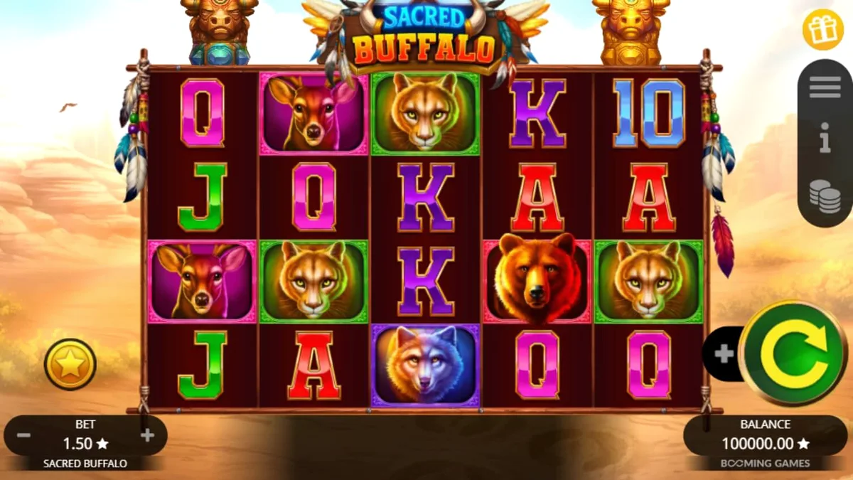 Tampilan visual slot Sacred Buffalo dengan latar belakang padang rumput dan totem