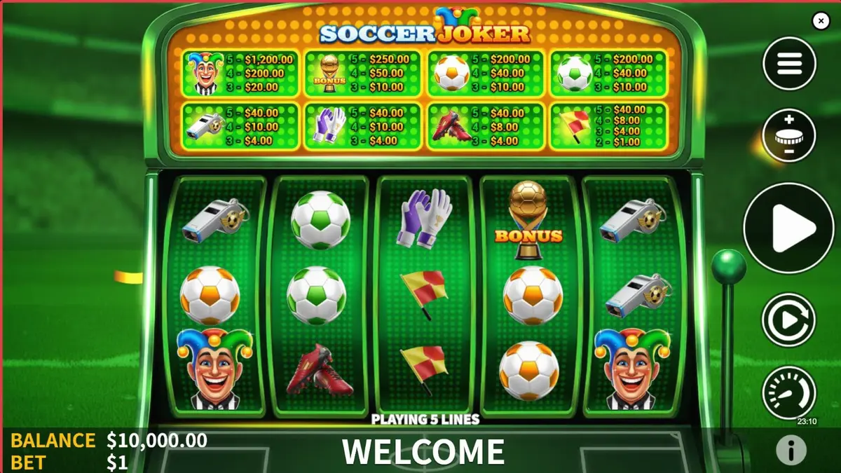 Tampilan visual slot Soccer Joker dengan tema stadion dan elemen sepak bola neon.